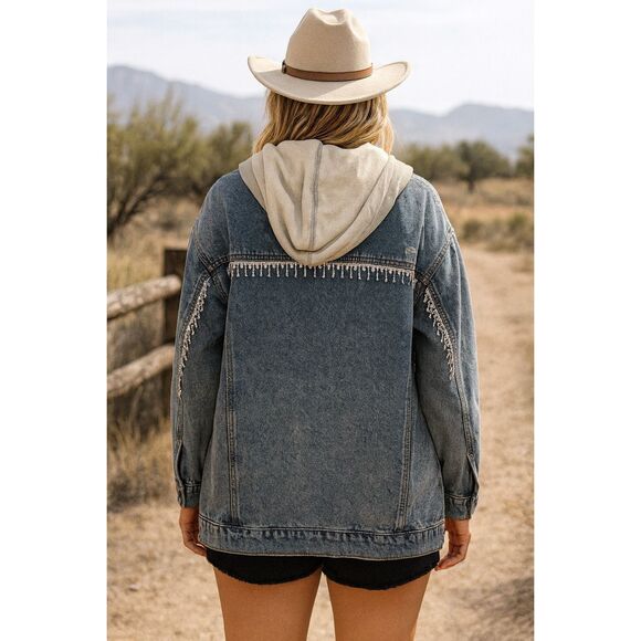 Blue B Rhinestone Fringe Denim Jacket with Hoodie Blue Size M/L - Picture 2 of 12